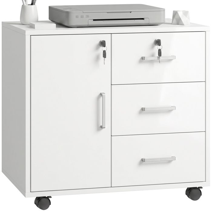 Caisson bureau - HOMCOM - verrouillable - 3 tiroirs et étagère réglable roulettes - dim. 40 x 60 x 56 cm - blanc Caisson bureau - HOMCOM - verrouillable - 3 tiroirs et étagère réglable roulettes - dim. 40 x 60 x 56 cm - blanc