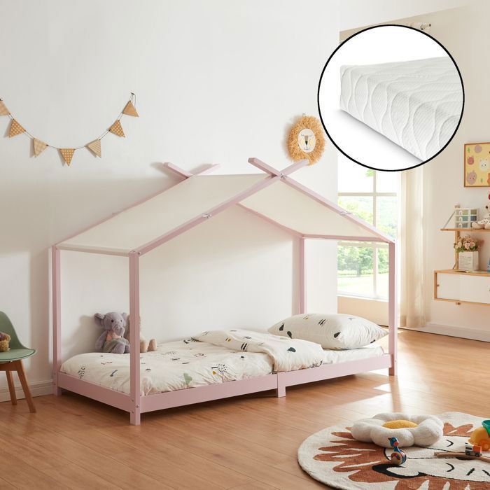 Lit enfant Brome forme maison avec matelas 90 x 200 cm rose blanc