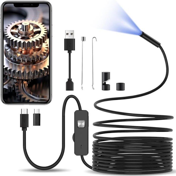 VEVOR - Endoscope Double Objectif Pour Smartphone Android/iOS | Câble Semi-rigide 5 M IP67 | 8+1 LEDs | Zoom | Parfait Pour Auto, Plomberie - 5