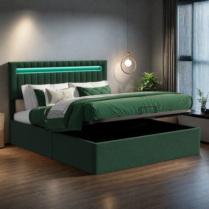 Lit Coffre 160x200 Cm Avec Rangement Et LED - Sommier à Lattes, Ports USB/C - Blanc, Idéal Chambre Adulte - 6