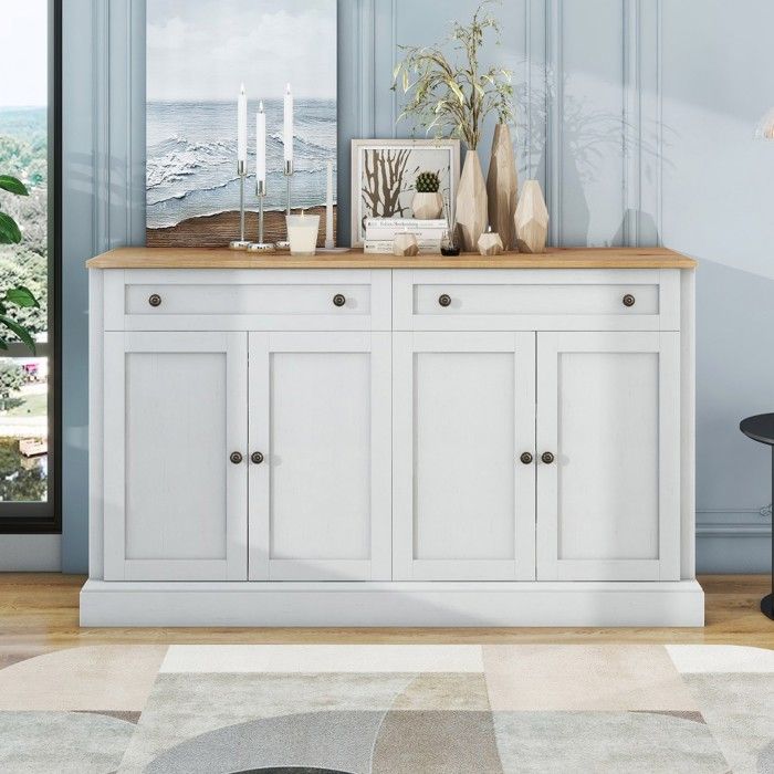 Buffet - Bahut Buffet 4 portes 2 tiroirs - Moderne salon/salle à manger - Blanc antique & bois naturel - 150 x 86 x 40 cm Buffet - Bahut Buffet 4 portes 2 tiroirs - Moderne salon/salle à manger - Blanc antique & bois naturel - 150 x 86 x 40 cm