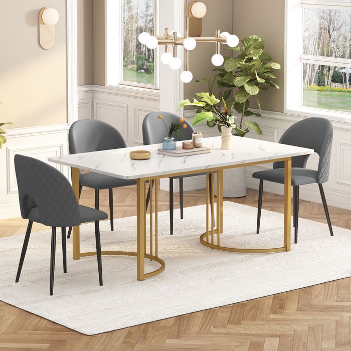 Groupe de salle à manger - HAUSS SPOLE - Table 140x80 cm - 4 chaises en velours gris - Design contemporain