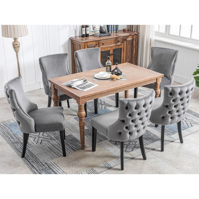 Chaise de salle à manger - Lot de 6 - Velours gris - Pieds bois massif - Style scandinave