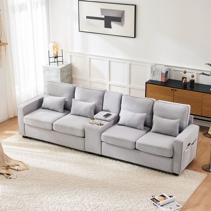 Canapé 4 places en tissu lin avec console 2 porte-gobelets 2 ports USB avec poches daccoudoirs et 4 oreillers Canapé salon Gris Canapé 4 places en tissu lin avec console 2 porte-gobelets 2 ports USB avec poches daccoudoirs et 4 oreillers Canapé salon Gris