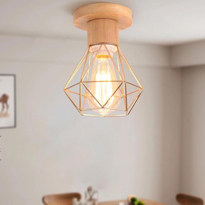 WOTTES 1 x Plafonnier Industriel E27 Lustre Éclairage Plafond Luminaire Vintage en Métal Doré et Bois Pour Salon Café