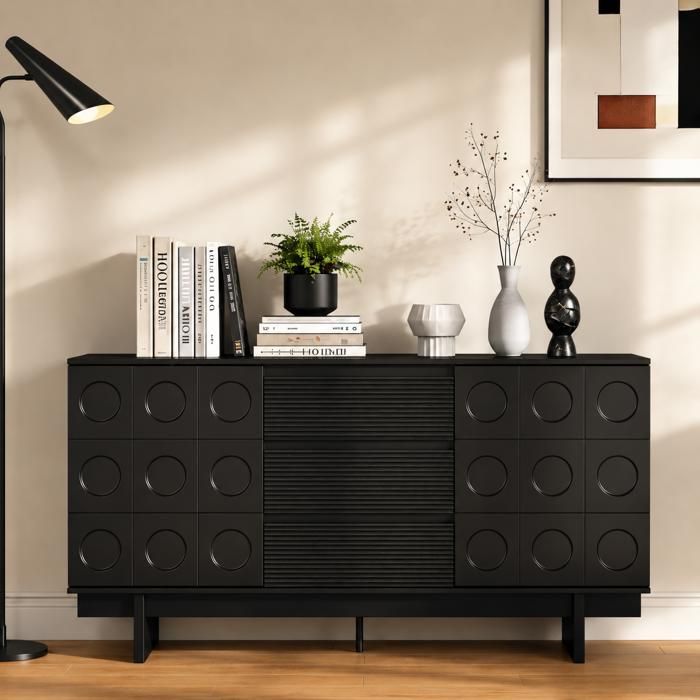 Buffet de Salon avec 2 Portes et 3 Tiroirs Meuble de Rangement Sculpté avec Etagères Réglables 160x40x80 Noir