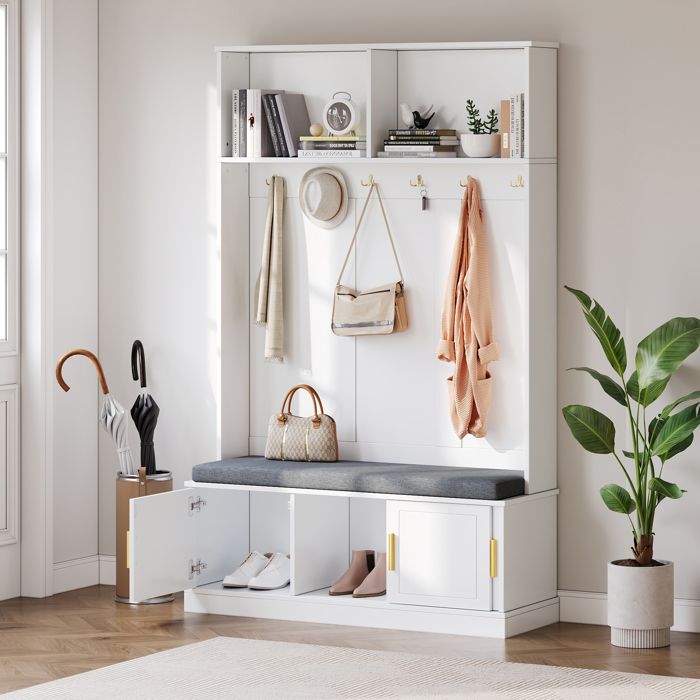 Vestiaire d’Entrée avec Banc à Chaussures 6 Crochets Étagères Ouvertes Meuble d’Entrée Moderne Blanc 120×40×191 cm