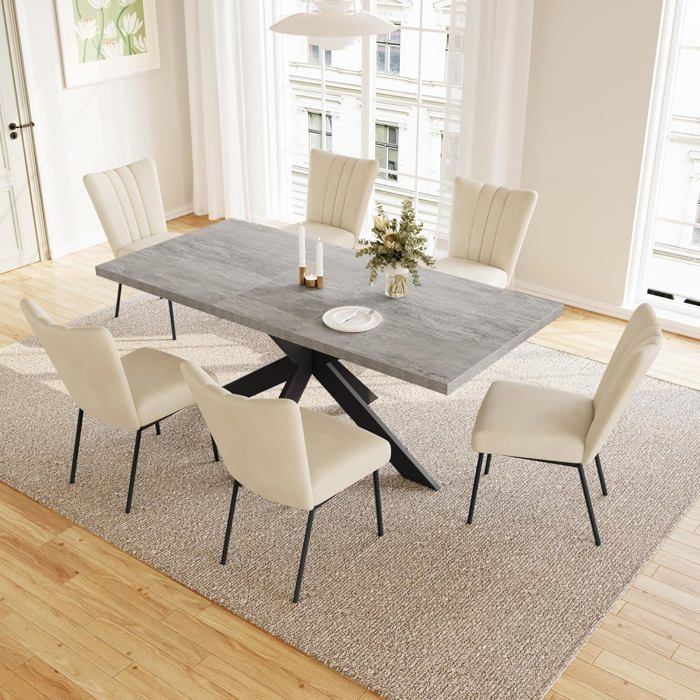JIEXI Ensembles de salle à manger pour 4 à 6 personnes table à rallonges (table 130-170 cm + 6 chaises beiges)