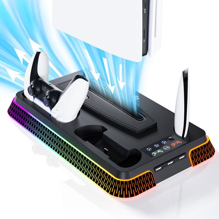 Support Vertical PS5 Pro/Slim Avec Ventilateur 3 Vitesses + Station Charge 2 Manettes + LED RGB - Multifonction