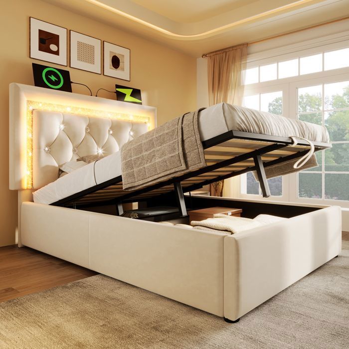 Lit coffre - Becag - Lit enfant rembourré 90x200cm avec LED et USB Type-C - Lit simple avec rangement hydraulique Velours Beige
