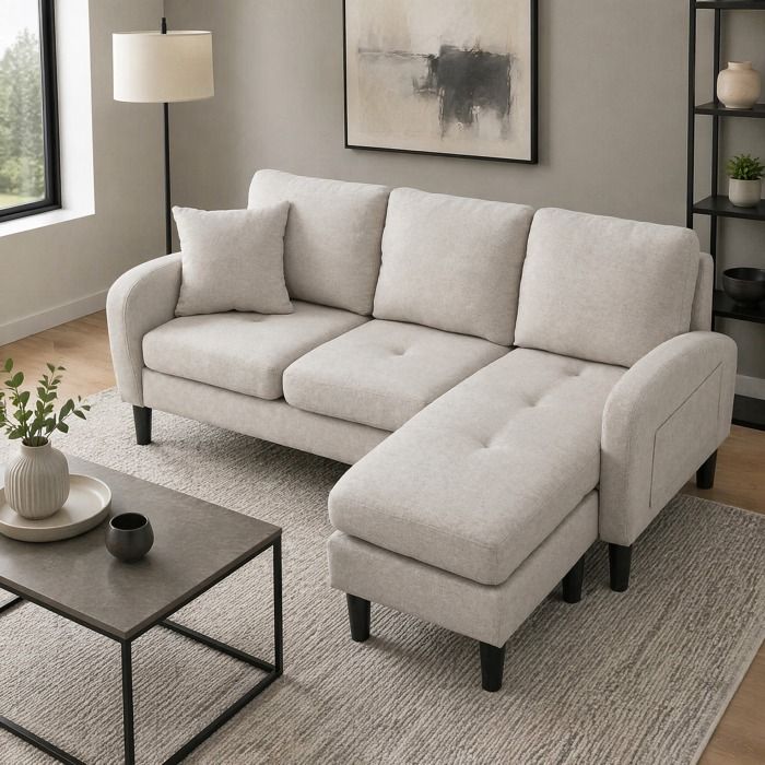 Maisentiel canapé d’angle modulable 3 places avec méridienne réversible tissu coton-lin beige gris 166 x 118 x 77 cm