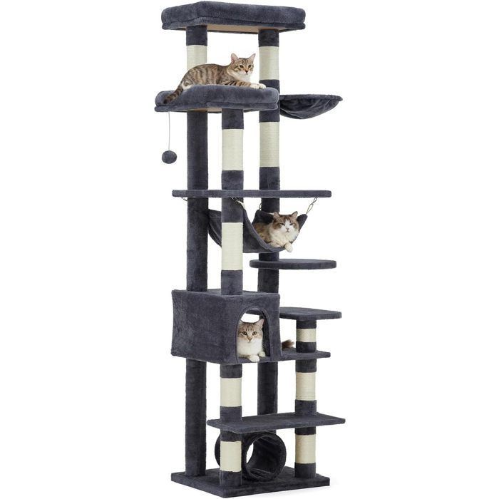 188 H Arbre à Chat XXL Robuste pour Grands Chats – 11 poteaux à griffer hamac Tunnel-gris fonce
