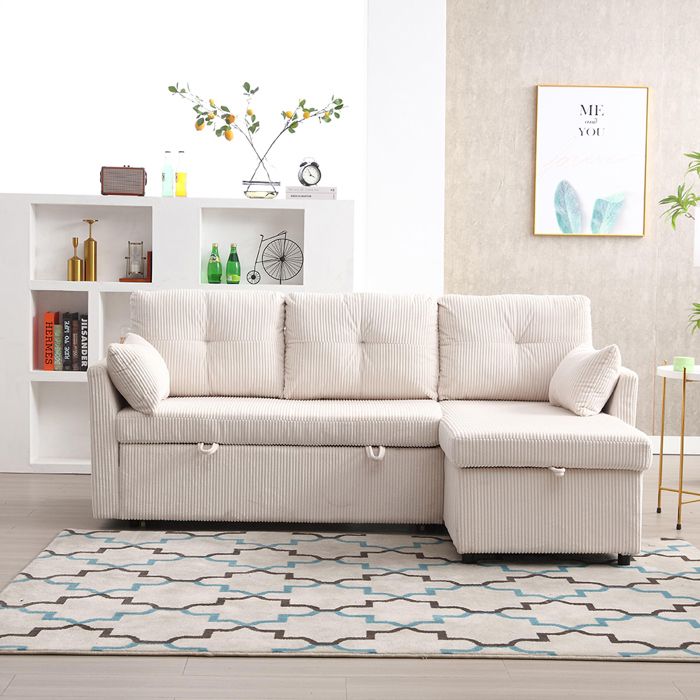 Canapé convertible d‘angle 3 places en L - Avec lit gigogne et rangements intégrés - Tissu velours côtelé Beige