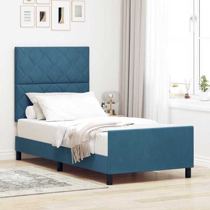 Bleu Lit 1 place:90x190 cm （1 pc)- NGM - Lit à ressorts avec tête de lit - Bleu foncé 90x190 cm Velours 76316