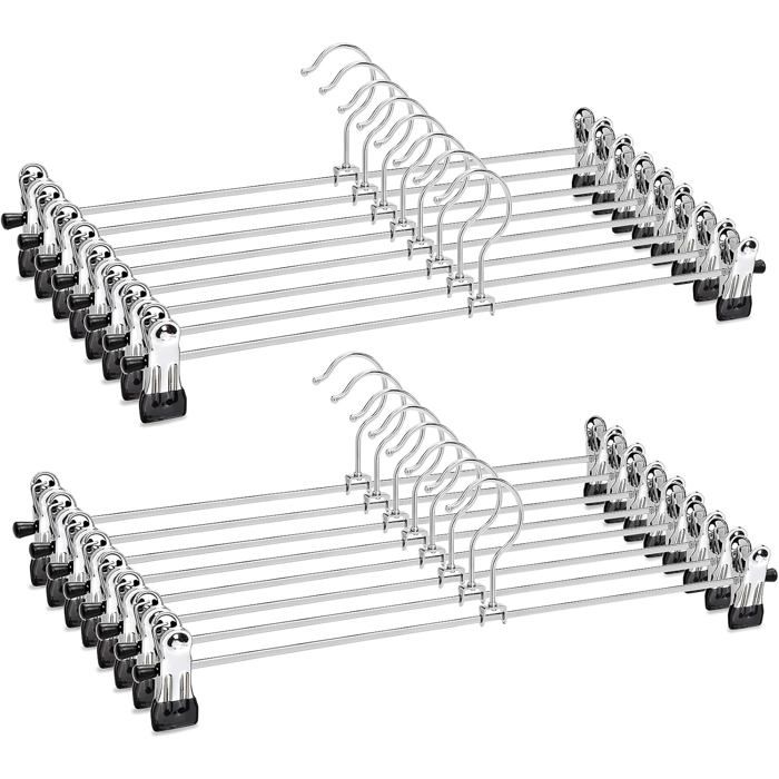 Lot de 20 Cintres Métal Chromé 40cm Pinces Réglables Antidérapantes Pour Pantalons Jupes Garde-Robe