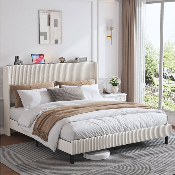 Lit plateforme double 180×200 cm tissu effet côtelé lattes métalliques et montage facile - BEAUNIV - sans matelas beige crème