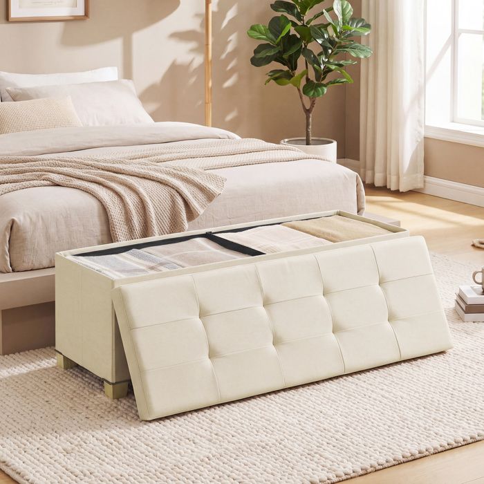 Banc de Rangement Pliable Banc d’Appoint avec Pieds pour Chambre Salon Tissu Façon Lin 110 cm Beige