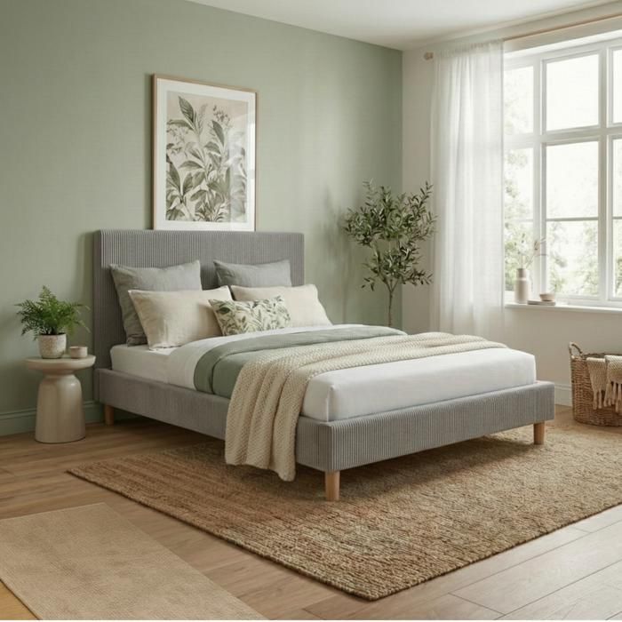 Lit - SAMPUR - Prince - 90x190 cm - Velours côtelé gris - Tête de lit intégrée