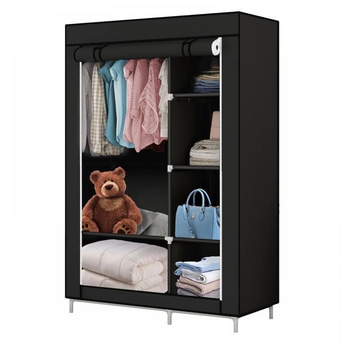 OHMG-Armoire En Tissu À 5 Compartiments-Avec Cintre-Rideau À Velcro-Pour Chambre Et Vestiaire-Grande Capacité-Partitionné-Noir