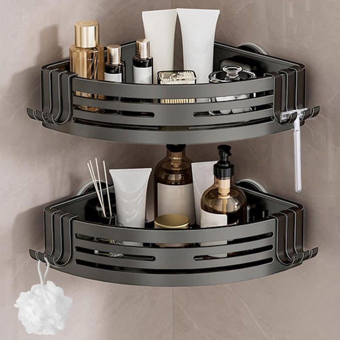 Lot De 2 Étagères D’Angle Salle De Bain Sans Perçage Ventouses Puissantes Aluminium Antirouille Gris Gunmetal