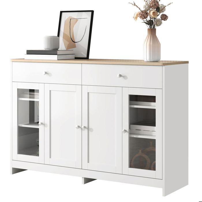Buffet bas - SOGEU - Bahut - 4 portes 2 tiroirs - Porte vitrée - Dessus aspect bois côtés blancs