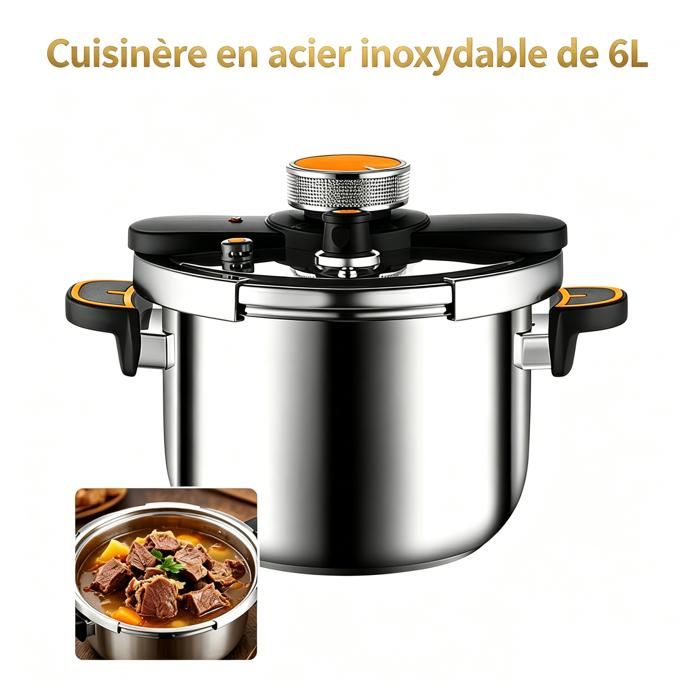 Cuiseur à Pression Inox 6L 100kPa Anti-Explosion & Sécurité Compatible Induction/Gaz Idéal Cuisine Maison