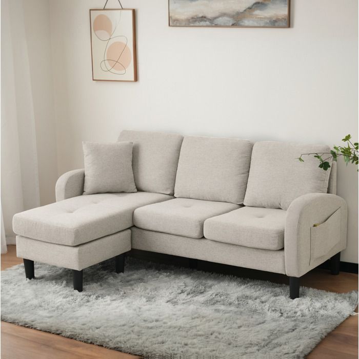 HOMVRA Canapé d’angle 3 places modulable avec méridienne réversible 166 x 118 x 77 cm tissu beige gris clair
