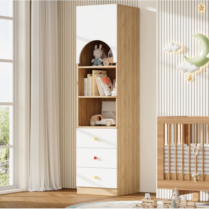 Bibliothèque meuble de rangement à 3 tiroirs et 3 étagères MDF blanc aspect bois 50 x 50 x 200 cm ORVRYN