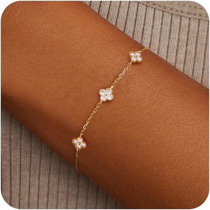 Bracelet Femme Or Trefle À 4 Feuilles Pierre De Naissance Réglable Bracelets 14K Plaqué Or En Zircon Cubique Pendentif Chaîn[PP15]