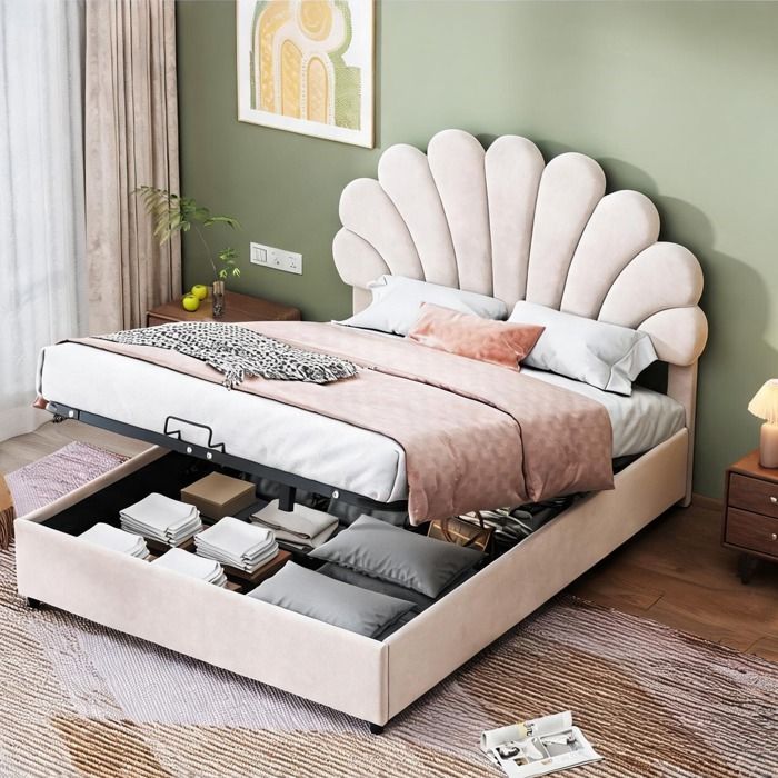 Sommier tapissier beige-toned 140 x 200 cm avec tête de lit fleurie réglable et coffre hydraulique