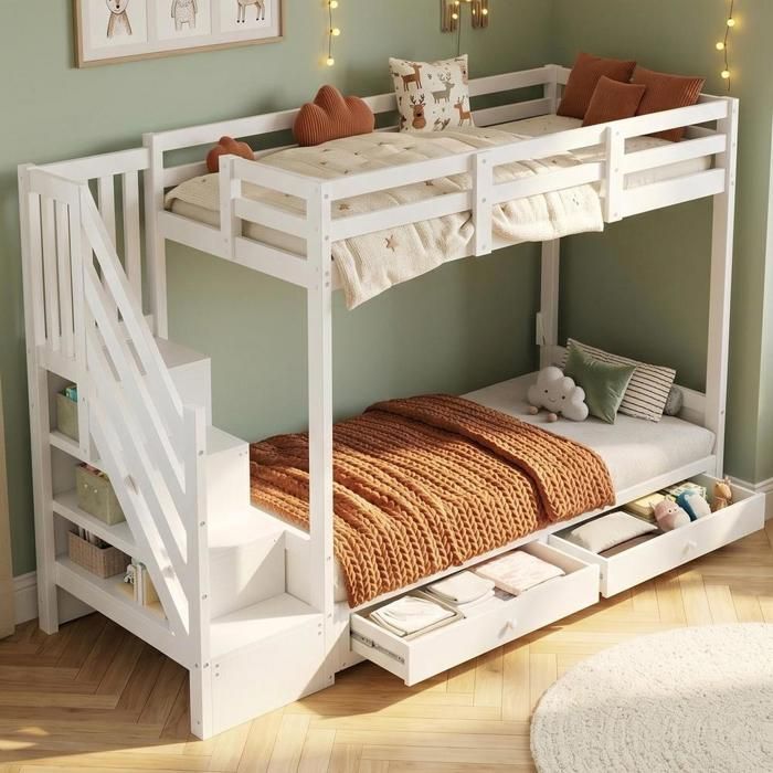Lit superposé enfant - KOMHTOM - 90x200 - Escalier rangement - Canapé réglable - 2 tiroirs + placard