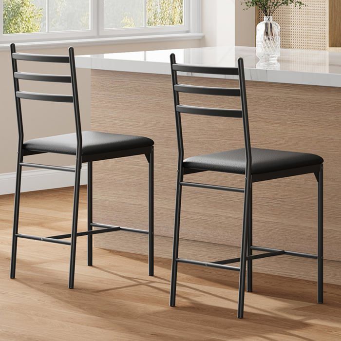 Lot 2 tabourets de bar noirs simili-cuir dossier coussin épais repose-pieds hauteur comptoir îlot cuisine comptoir-bar confortable