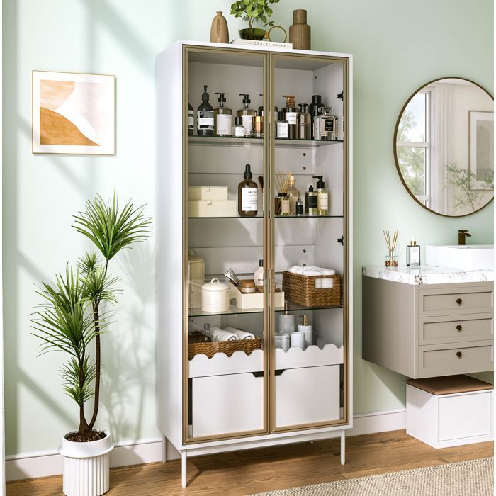 Vitrine haute - SENVIRO - 2 portes vitrees 75 x 35 x 170 8 cm etageres en verre reglables 1 grand tiroir pieds en metal blanc