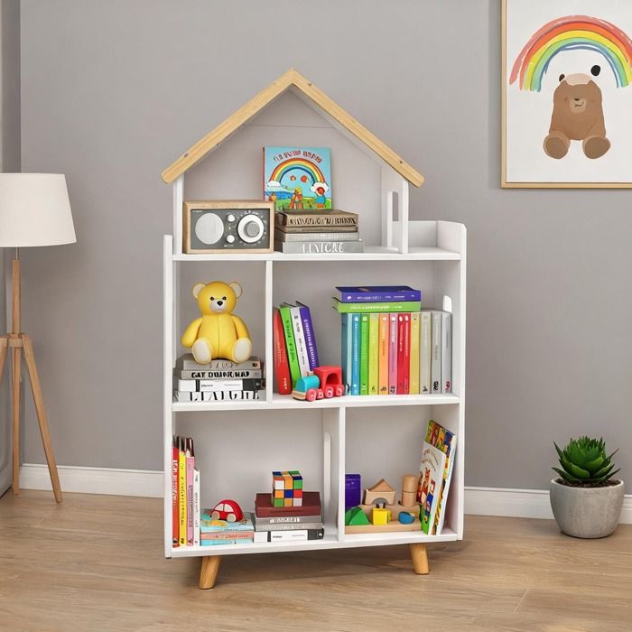 Étagère enfant forme de maison en bois blanc et naturel 3 niveaux pour chambre ou salle de jeux