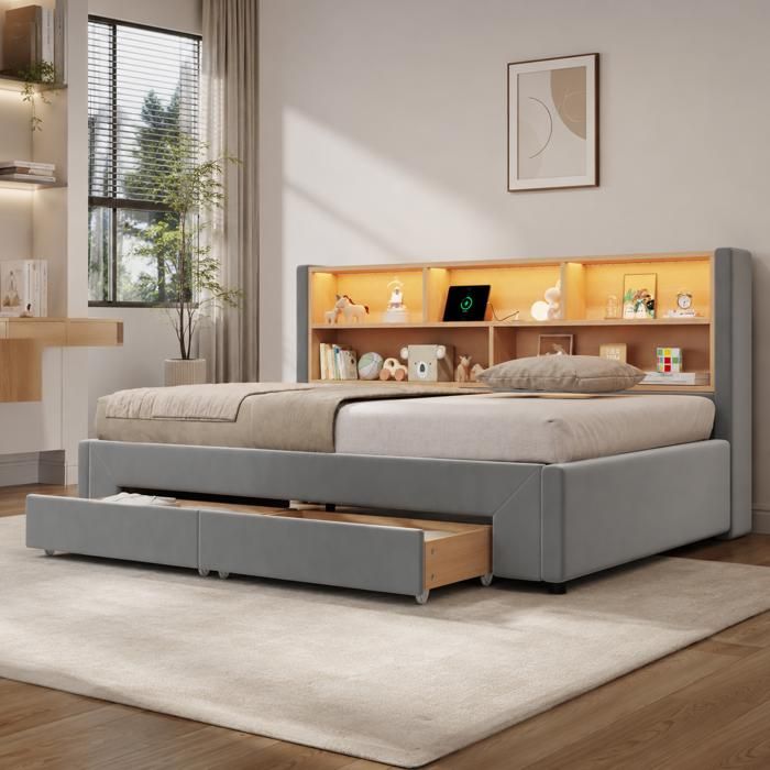 Lit combiné extensible 90x200 cm SENVIRO velours gris 2 tiroirs