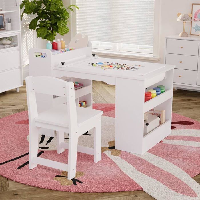 Table dactivité multifonction pour enfants 2 chaises et grand de rangement dessin peinture lecture et apprentissage Blanc