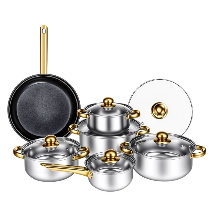 Ensemble de casseroles en acier inoxydable poignée dorée poêle à frire antiadhésive épaisse.