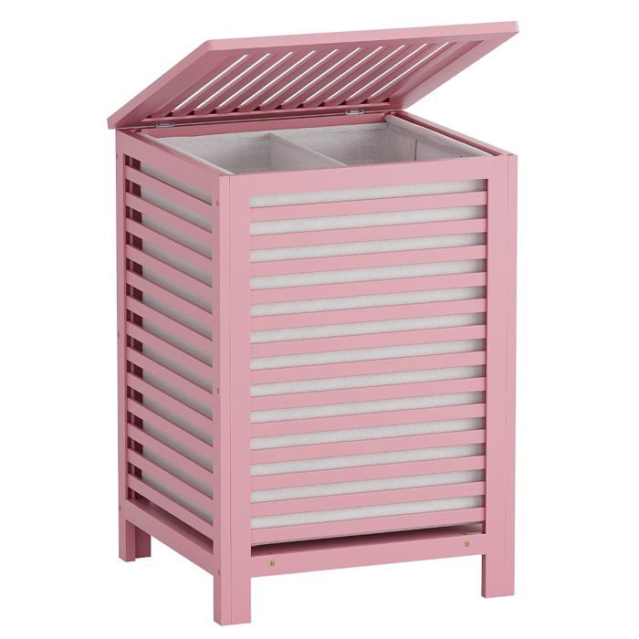 Panier à linge double en bambou 120 L - 2 compartiments avec couvercle - sac de doublure amovible 47 x 47 x 65 cm rose