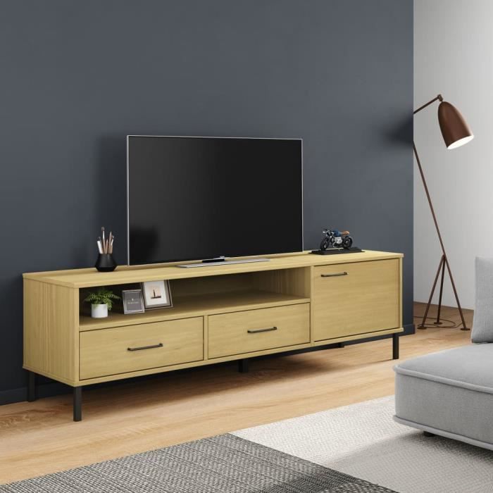 Meuble TV - ALOMEJOR - OSLO - Bois de pin massif - Pieds en métal - Style scandinave moderne