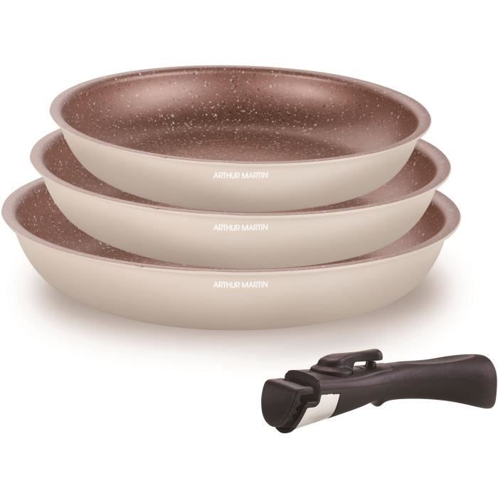 Batterie de cuisine Tous feux dont induction ARTHUR MARTIN AM4754 Set de 3 poêles 20 24 28 cm + 1 poignée amovible
