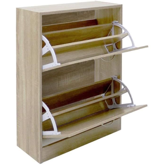 Meuble à Chaussures Gain de Place en Bois mélaminé avec 2 Portes à Rabat, Double Profondeur