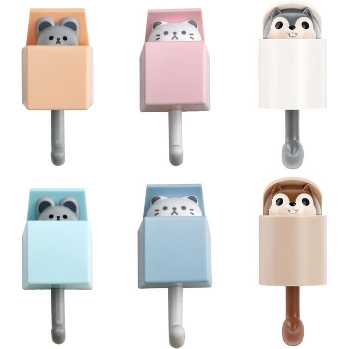 Lot De 6 Crochets Autocollants, Dessin Anime Animal Crochet Adhésif