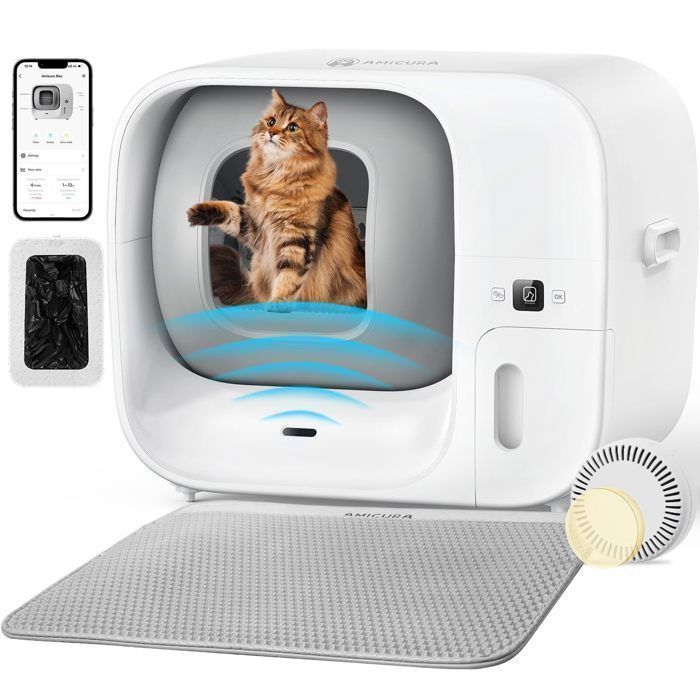 Amicura Litière Chat Autonettoyante 65L,Détection à 360°/Anti-Odeur/Anti-Pinch, Bac à Litière pour Plusieurs Chats,Contrôle avec APP