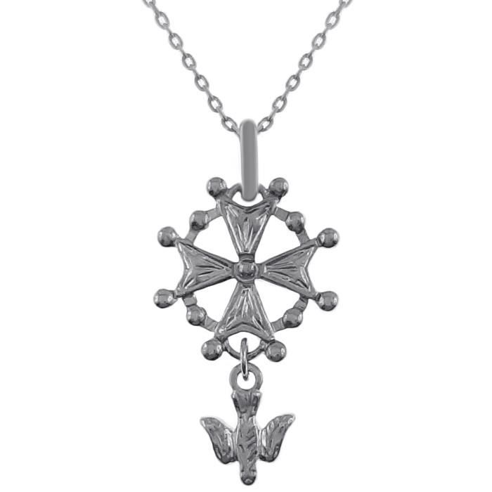 Lot pendentif Croix Protestante Huguenote en Argent 925 rhodié + Chaîne Argent 50cm