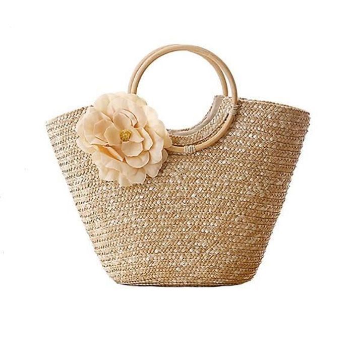 Femmes Sac a main en paille Sac fourre tout tisse avec fleurs de