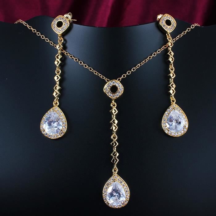 Joli Ensemble De Bijoux Femme – Collier Pendentif Et Boucles D’oreilles Plaqué Or 18 Carats