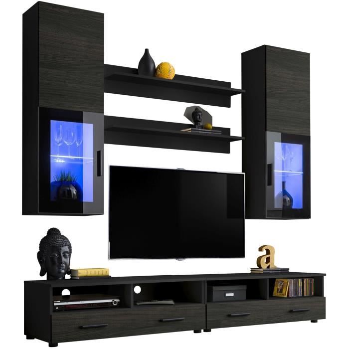 Meuble TV Mural Lea Extreme Furniture LED bleues Carbone Mat & Noir