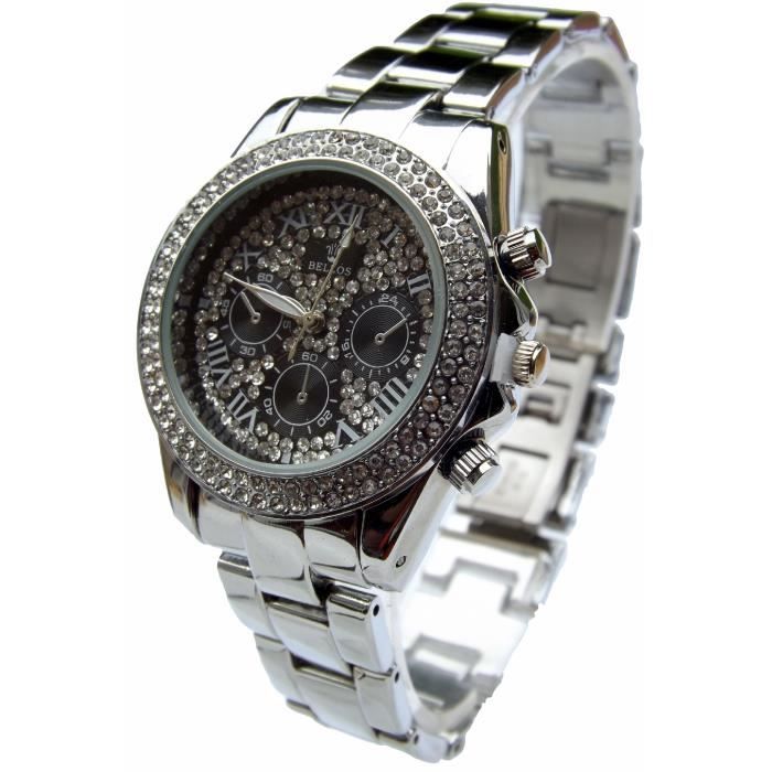Montre Femme Strass Argent - Bracelet Gourmette, Bijou Cadeau Mode
