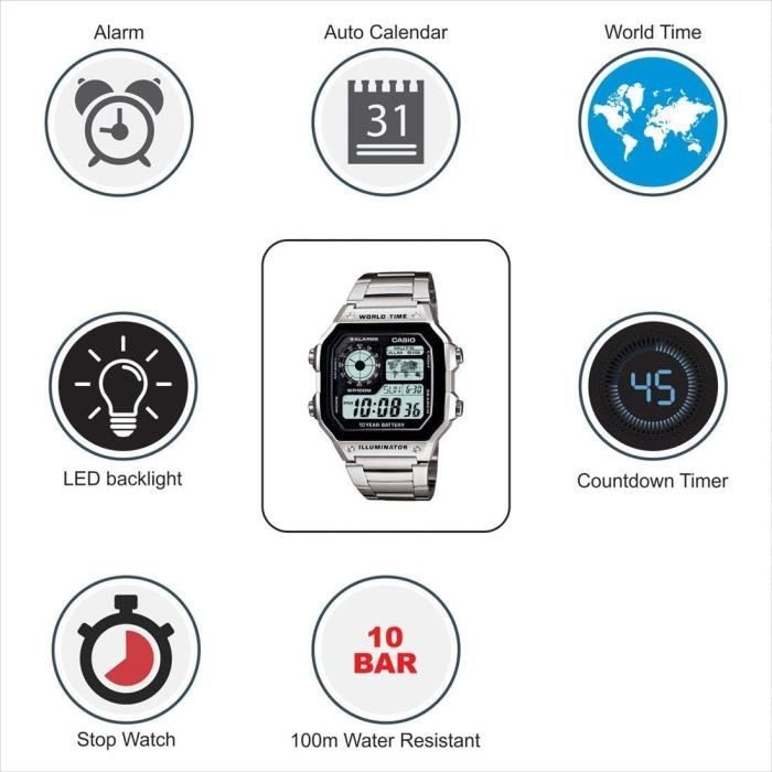 CASIO AE-1200WHD-1AV DYNAMO NUMÉRIQUE - MONTRE SPORTIVE POUR HOMMES EN ACIER INOXYDABLE