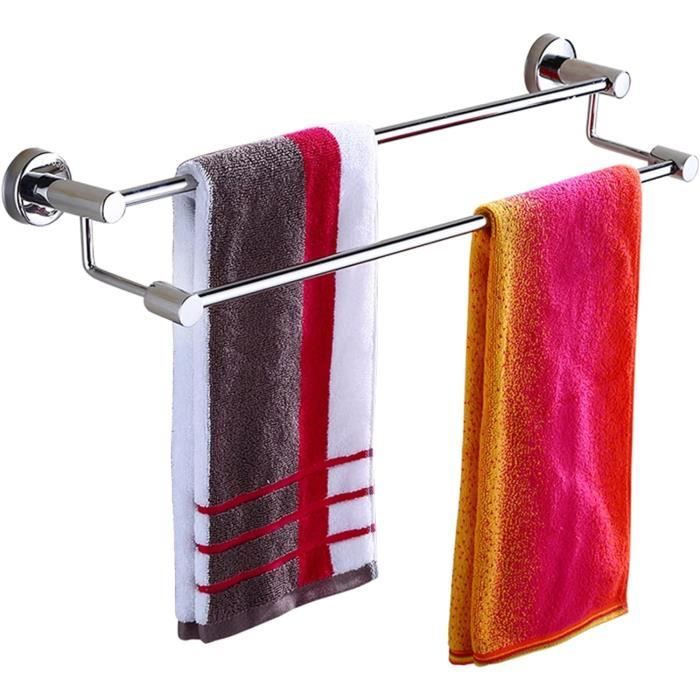 Porte-Serviettes Double Barre 70cm Adhésif - Acier Inoxydable 304 Brossé Argent - Installation Sans Percer